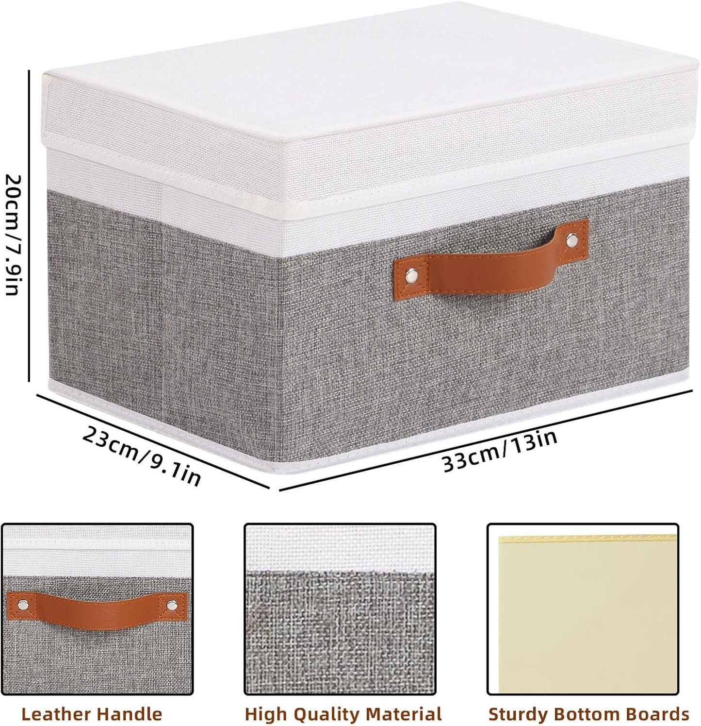Fabric Storage Boxes with Lids, Linen Foldable Cloth Baskets, Closet Organizer Containers with Double Handles, Sweater Bins for Bedroom, White and Grey, 1 Pack, 13 x 9.1 x 7.9 Inch