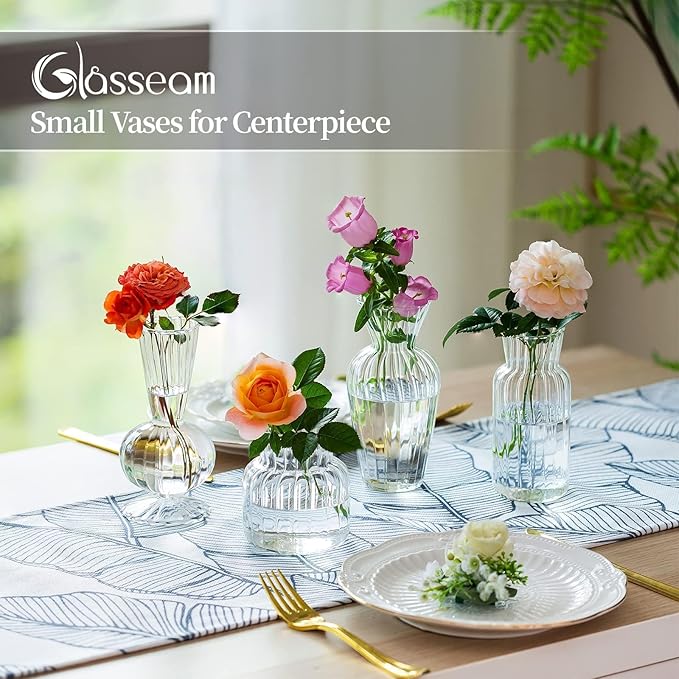 Modern Clear Glass Bud Vase Bulk Set: Glasseam 8Pcs Small Mini Flower Centerpieces Vases Handmade DecorativeCute Short Window Corner Home Decor for Wedding Reception Dining Table Single Rose