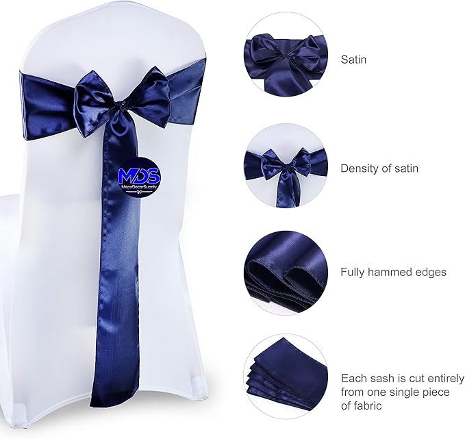 MDS Pack of 75 PCS Satin Chair Sashes Charmeuse Sateen Dining Chair Bows Ribbon Ties Back Sash for Wedding Party Birthday Home Hotel Restaurant Banquet Decoration (7 x 108 Inch, Navy Blue)