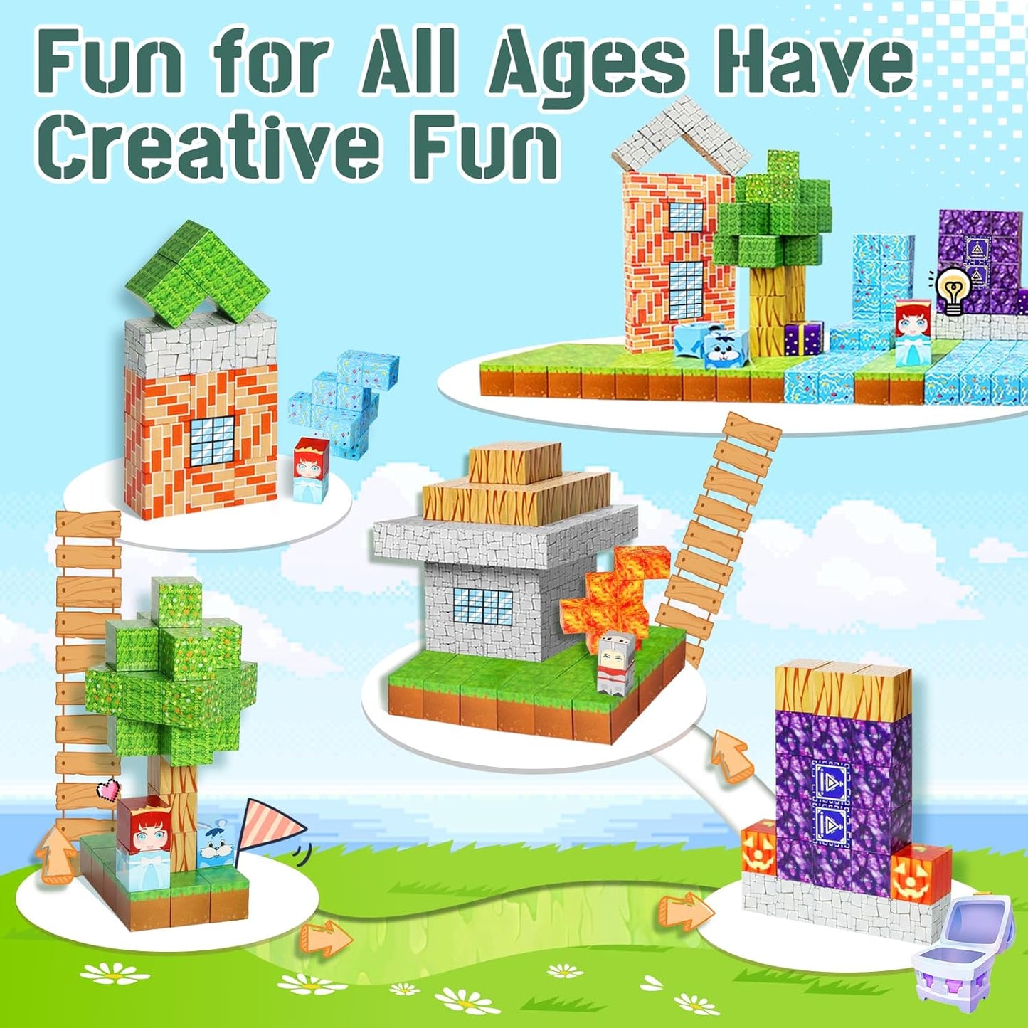 Magnetic Blocks -Adventure at Lava World Blocks Set - Magnetic Cubes Building Blocks Toys for Halloween Christmas Birthday Gift - STEM Sensory Toys for 3+ Years Old Girl Boys