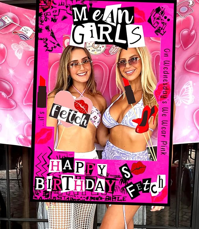 LaVenty Mean Girls Birthday Party Photo Booth Props Frame Mean Girls Party Decoration Y2k Birthday Party Decorations Hot Pink Girl Birthday Party Supplies