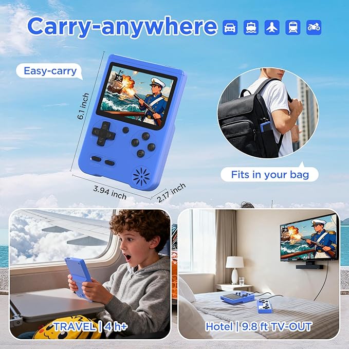 Retro Handheld Game Console, 3-inch LCD Screen Portable Game Console with 500 Built-in Classic Games ,1200mAh Rechargeable Battery, Plug & Play Video Games, Suitable for Adults - Blue