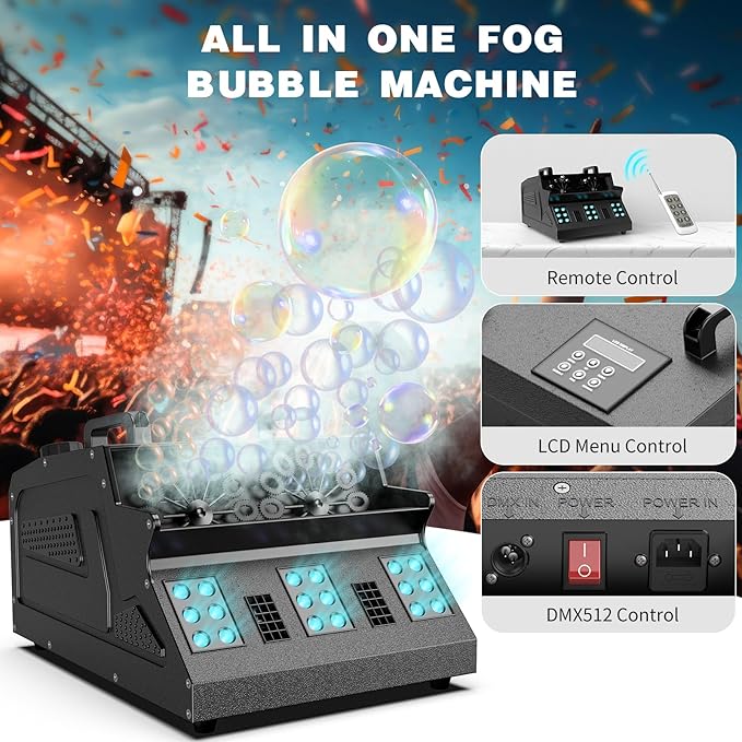 2000W Fog Machine, 3 in 1 Fog Bubble Machine with 2 Bubble Fans, 18 RGB LED Lights Smoke Bubble ALL IN ONE Fog Machine, Bubble Machine for Halloween Christmas Party Wedding, 2 Pack