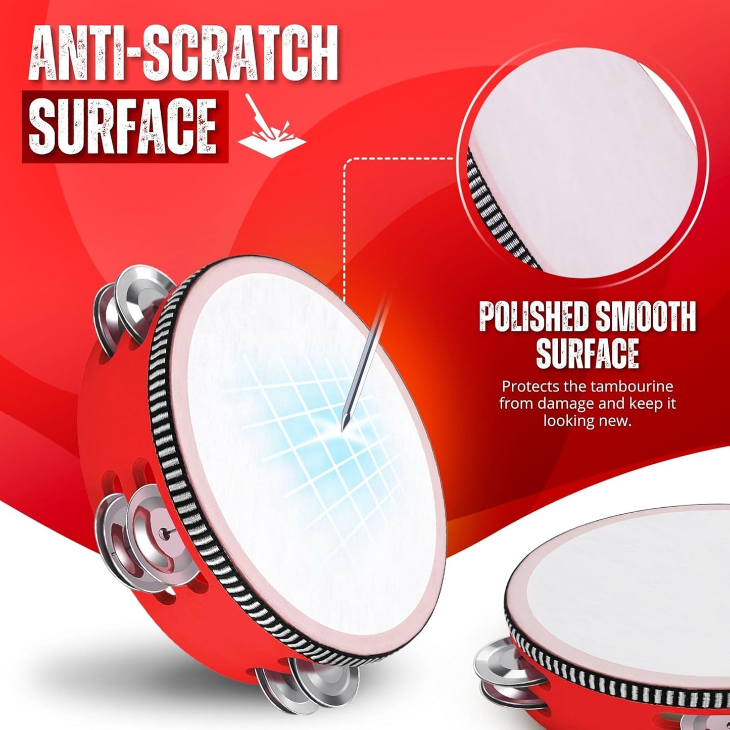 Flexzion Wood Handheld Tambourine Adults 6-Inch Double Row 8-Pair Jingles (Red) - Percussion Round Tamborines Musical Instrument with Metal Zills