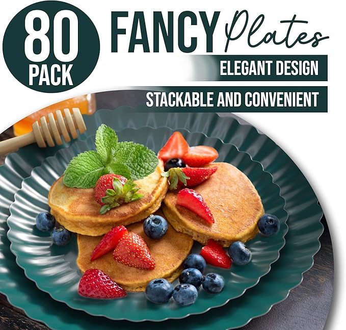 Trendables Scalloped Paper Plates 8.5 Inch & 10.5 Inch 80 Pcs Dinner Plate Set Fancy Disposable Plates for Party for 40 Guests 40 X 8 & 40 X 10 Large & Small Paper Plate Set for Parties Black Aqua