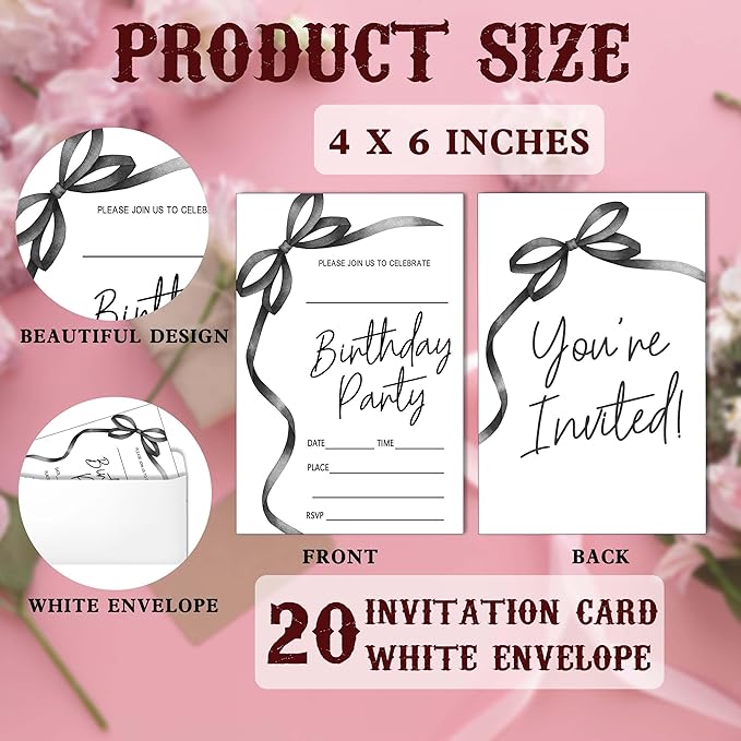 SIXEIGHT Black Bow Birthday Invitations, Black Ribbon Bow Birthday Party Invitations, 20 Party Invitations with Envelopes for Girls Boys, Birthday Party Favor & Decoration (4"x6")-A03