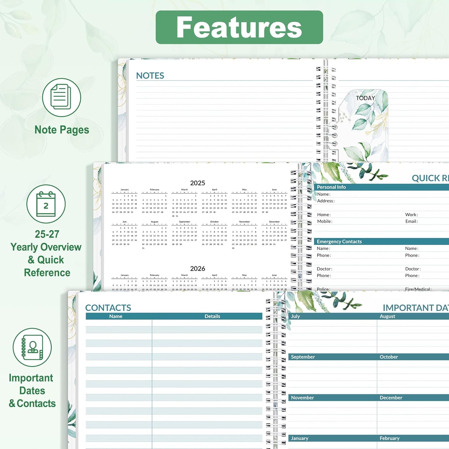 SUNEE Academic Planner 2025-2026 Weekly and Monthly - from July 2025 to June 2026, 6.4"x8.3" School Year Calendar Daily Planner with Monthly Tab, Flexible Cover, Note Pages, Spiral Binding, Greenery