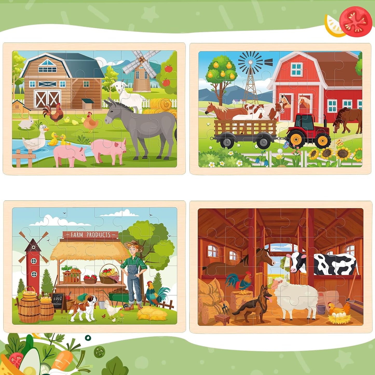 Wooden Farm Puzzles for Kids Age 3 4 5 Year Old, 4 Pack 24 Pcs Montessori Toddler Jigsaw Puzzles for Girl boy Activities Preschool Learning Educational Birthday Gift