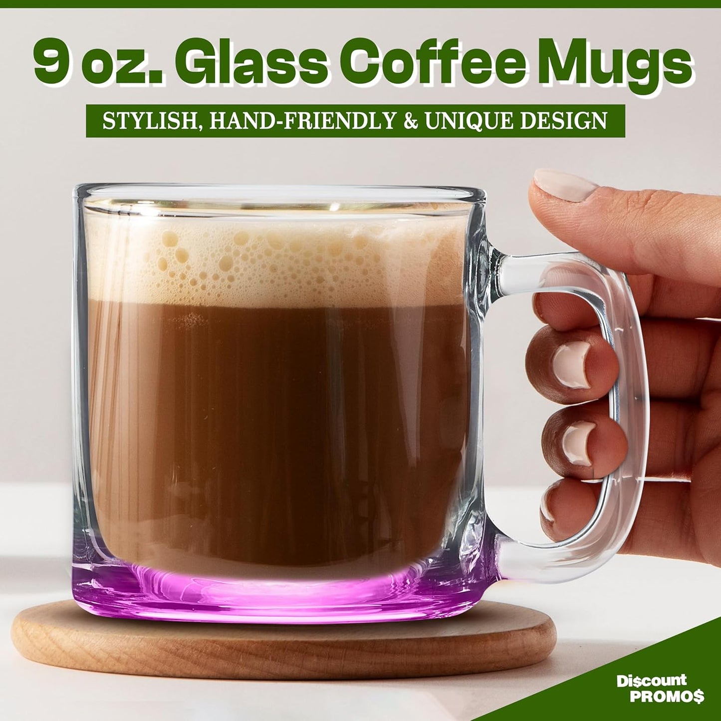 DISCOUNT PROMOS Small Glass Coffee Mugs 9 oz. Set of 10, Bulk Pack - Perfect for Coffee, Tea, Espresso, Hot Cocoa, Other Beverages - Pink