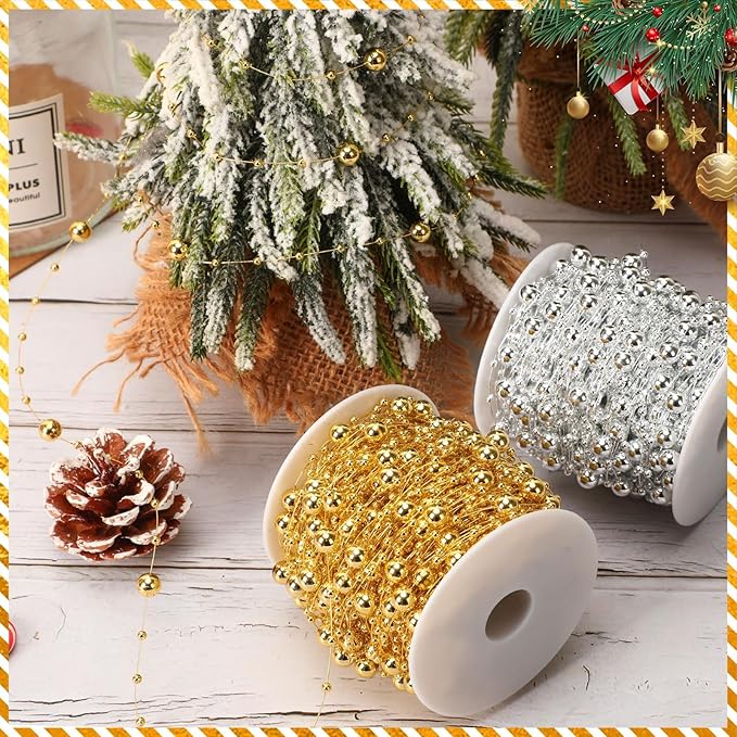 JULBEAR Beads Garland Decoration,1 Rolls 131 Feet Gold Christmas Pearl Strands Chain Bead Garland for Christmas Tree Fireplace Wreath Gift Bouquet Crafts Wrapping Wedding Party Centerpieces Decoration