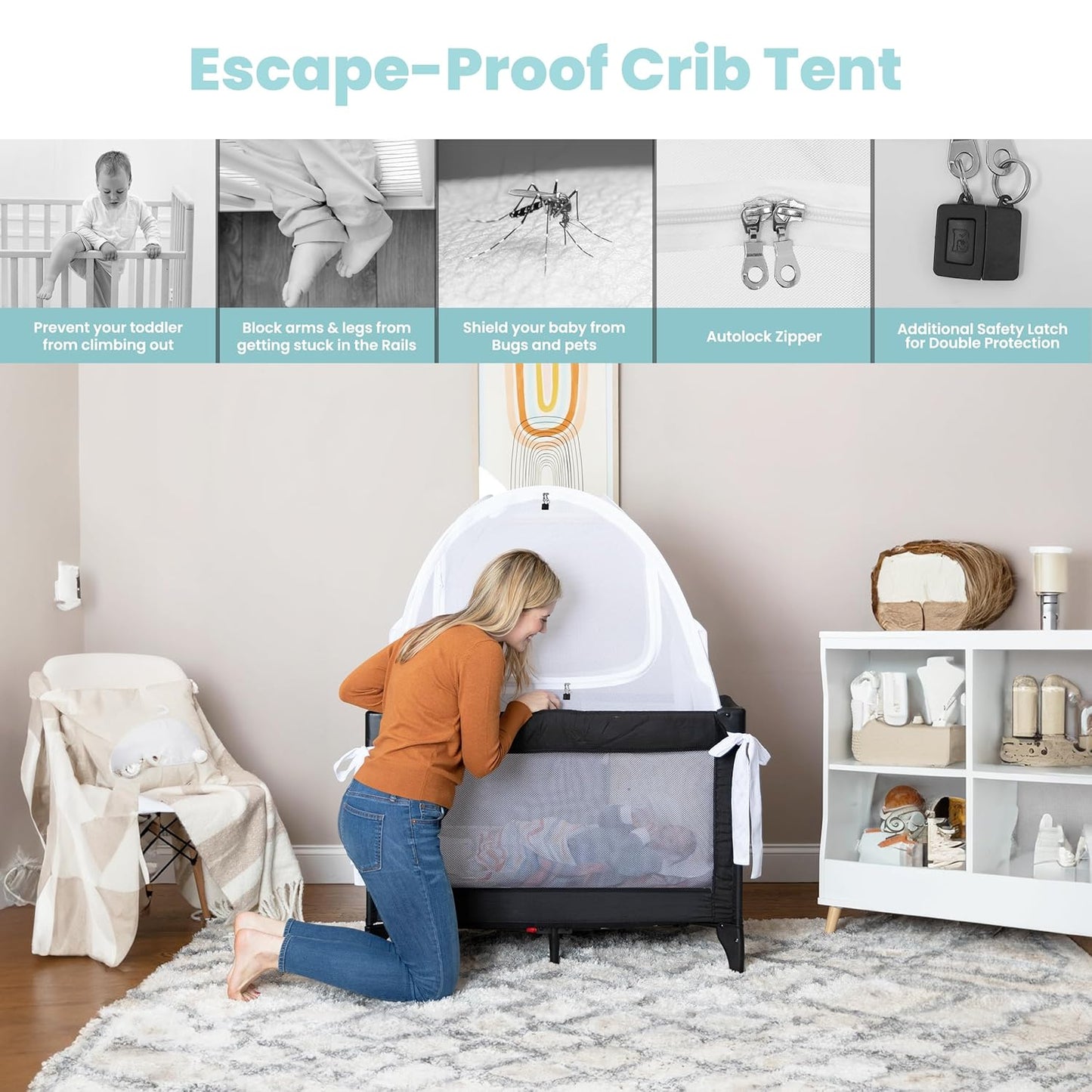 Mini Crib and Pack and Play Tent, Net Canopy to Keep Baby from Climbing Out, Breathable Mesh with Auto-Lock Zipper and Latch, Safety Tent for Travel and Sleep (Mosquiteros para Cunas de Bebes)