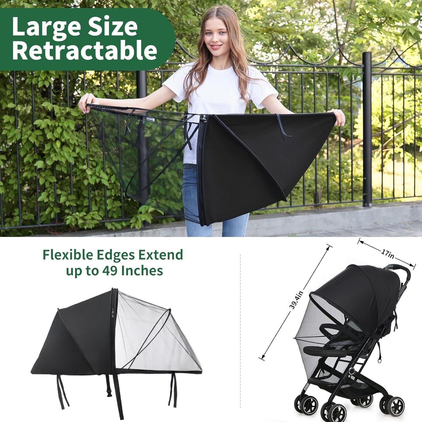 2-in-1 Stroller Sun Shade and Mosquito Net Cover - Universal Breathable Baby Cover With Two-Way Zipper for Extender
