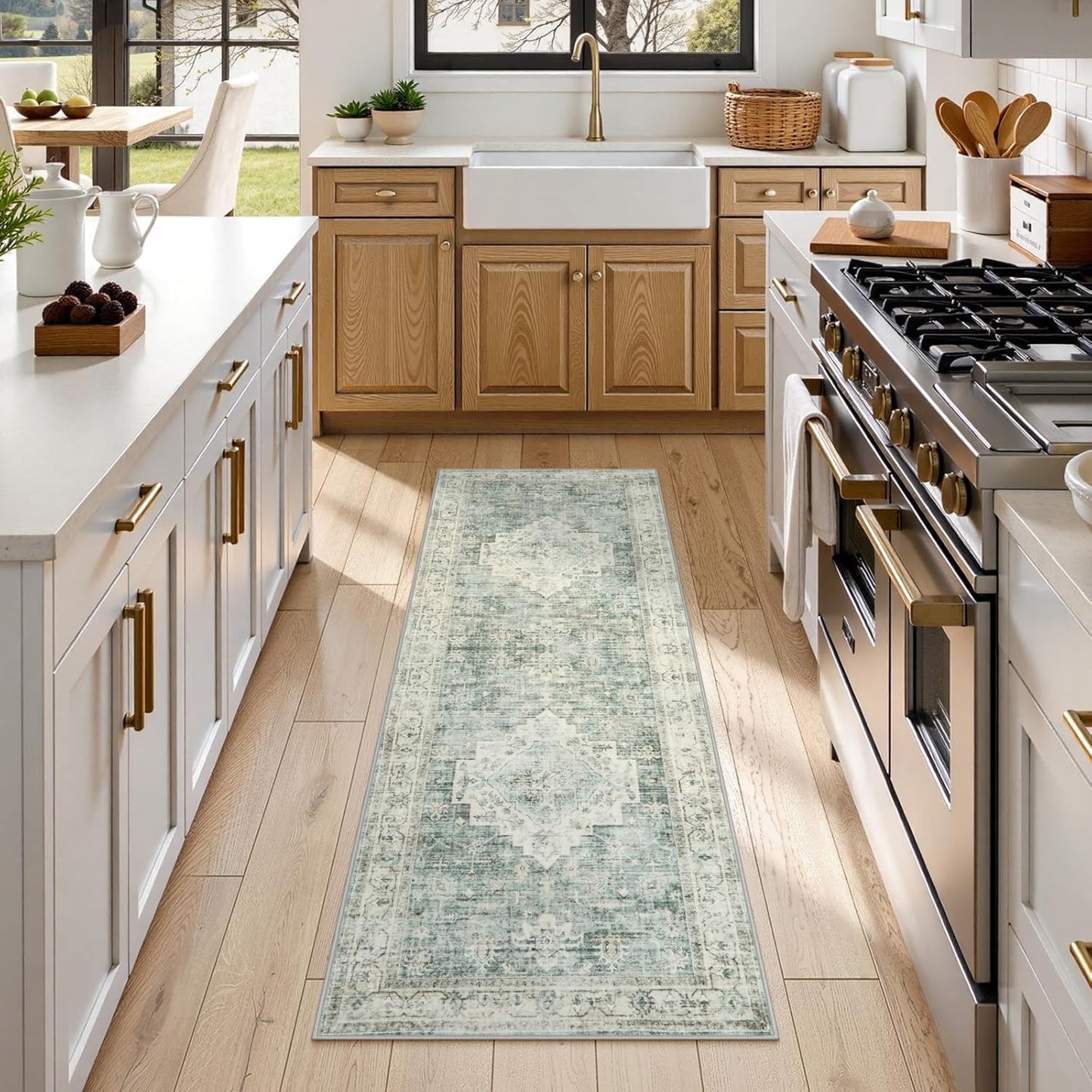 LIVEBOX Washable Rug 2x4 Kitchen Mats for Floor Entryway, Non Slip Front Door Mat for Bathroom Hallway, Boho Low-Pile Small Carpet Farmhouse Indoor Runner Rugs for Bath, Sage Green