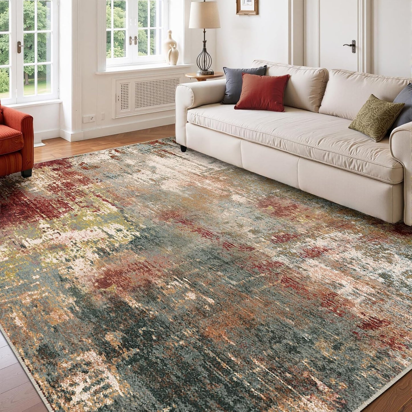 Washable Area Rugs 8'x10' Non-Slip Modern Abstract Soft for Living Room Entryway Bedroom Nursery, Print Pattern, Brown Rust Red Multi