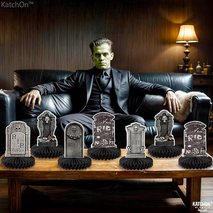 KatchOn, Halloween Tombstone Honeycombs - Pack of 12 | Halloween Table Centerpieces for Tombstone Halloween Decorations | Graveyard Tombstone Paper Honeycombs, Halloween Party Decorations