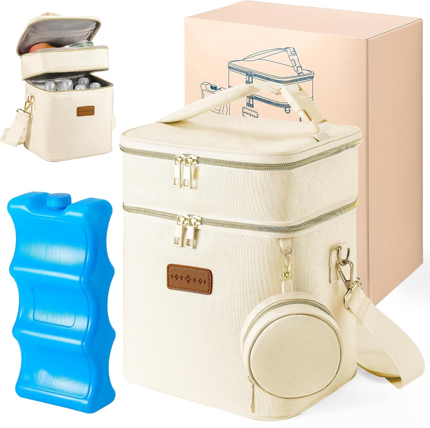 Breastmilk Cooler Bag with Ice Pack & Pacifier Case, Large Double Layer Insulated Baby Bottle Cooler Fits 6 Bottles, Breast Pump Storage Bag for Working Nursing Moms, with Gift Box