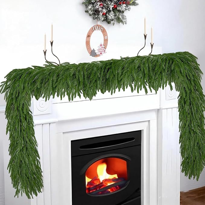 9FT Artificial Norfolk Pine Garlands for Christmas Decorations,Real Touch Winter Faux Greenery Garlands for Mantel Table Stair Fireplace Wall Holiday Indoor Outdoor Decor(1 Pack)