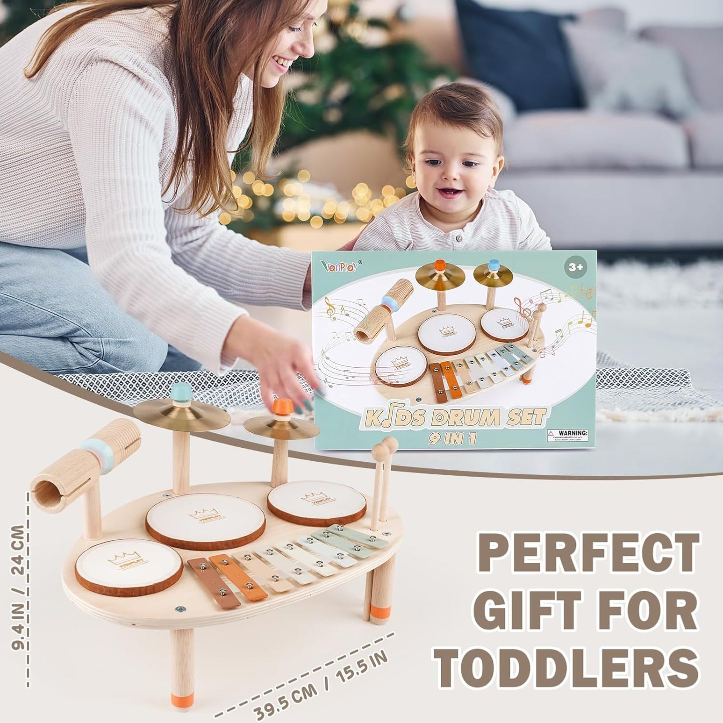 Drum Set - 9 in 1 Musical Instruments for for Toddlers 3+, Wooden Montessori Toys for Boy & Girls Easter Birthday Gifts, Musical Drum Set with Xylophone for Kids 3 4 5 6