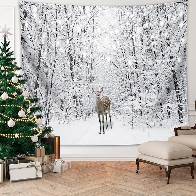 QGHOT Winter Tapestry Wall Hanging Snow Scene Backdrop Winter Wonderland Wall Decor Snowy Forest Wall Art Nature Woodland Deer Tapestry for Bedroom Room Dorm Party Decoration, Large