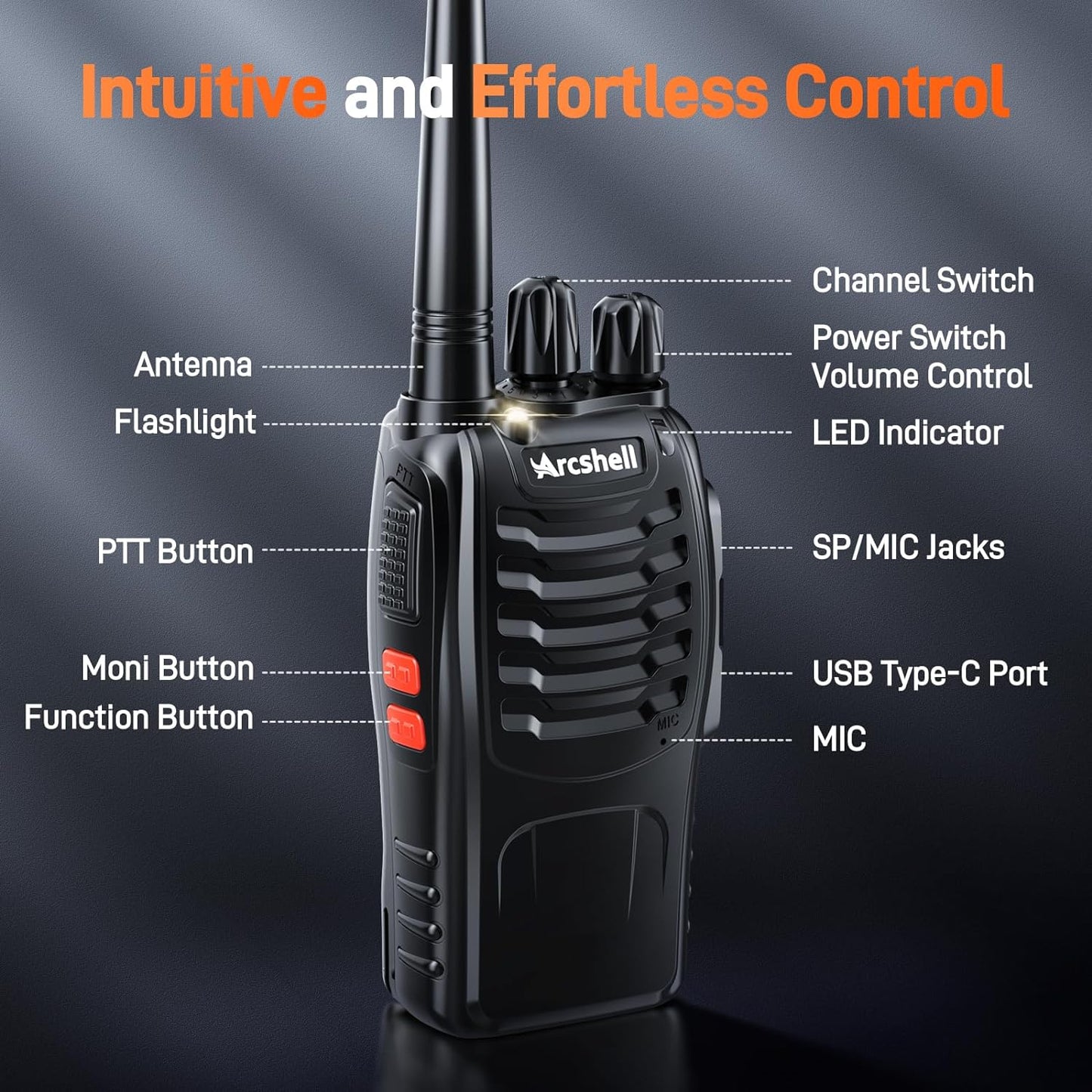 Rechargeable Long Range Two-Way Radios with Earpiece 2 Pack Arcshell AR-5 Walkie Talkies Li-ion Battery and Charger Included