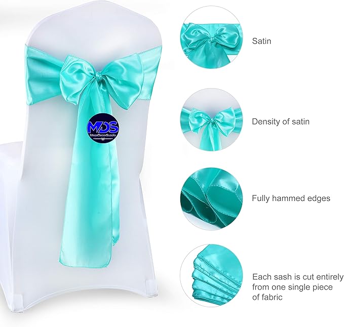 MDS Pack of 75 PCS Satin Chair Sashes Charmeuse Sateen Dining Chair Bows Ribbon Ties Back Sash for Wedding Party Birthday Home Hotel Restaurant Banquet Decoration (7 x 108 Inch, Sea Green)