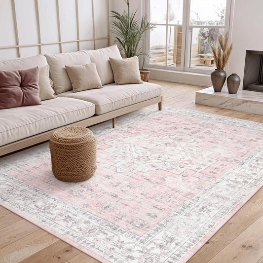 LIVEBOX Pink 5x7 Area Rug for Bedroom Girls, Boho Washable Rugs for Living Room Nursery, Non-Slip Indoor Soft Carpet Low-Pile Farmhouse Carpets for Dining Room Kids Playroom, Pink