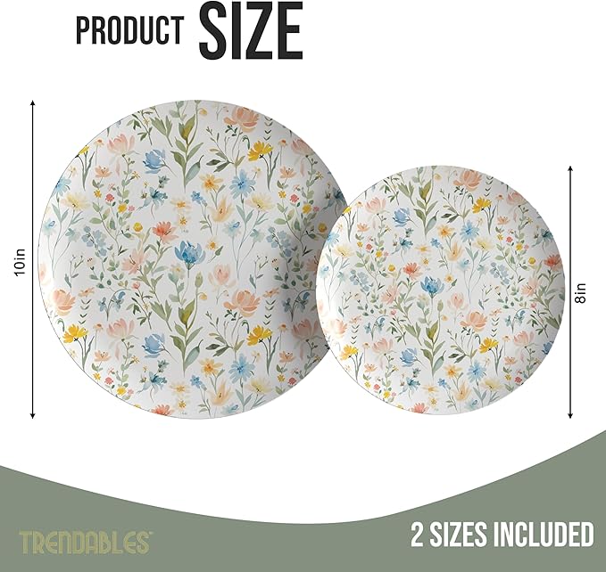 Trendables Heavy Duty Paper Plates Set For 32 Guests - 32 Each Of 8-inch And 10-inch Disposable Plates For Party - Fancy 64 Piece Dinnerware Set For All Occasions | Floral Design, Petite Fleur