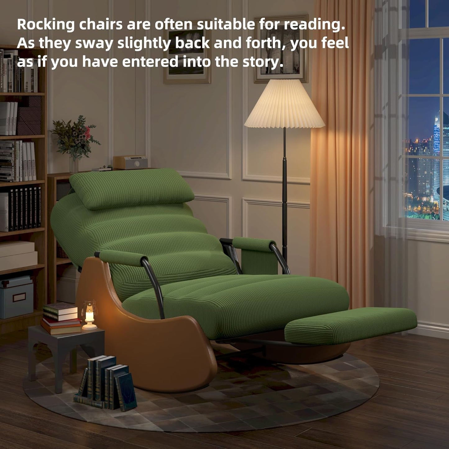 Polar Aurora Nursery Rocking Chairs with Soft Seat and Headrest,Corduroy Fabric Accent Chair with Side Pocket,Glider Rocking Chair for Bedroom/Living Room/Nursery. (Green/Brown)