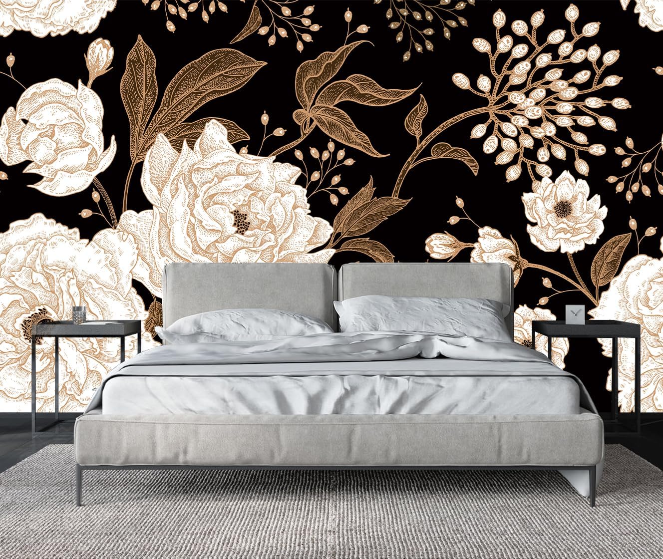 Vintage White Rose Floral Wallpaper Peony Wall Mural Large Black Background Wall Decor for Living Room Bedroom Dining Room Basement(Not Self-Adhesive)