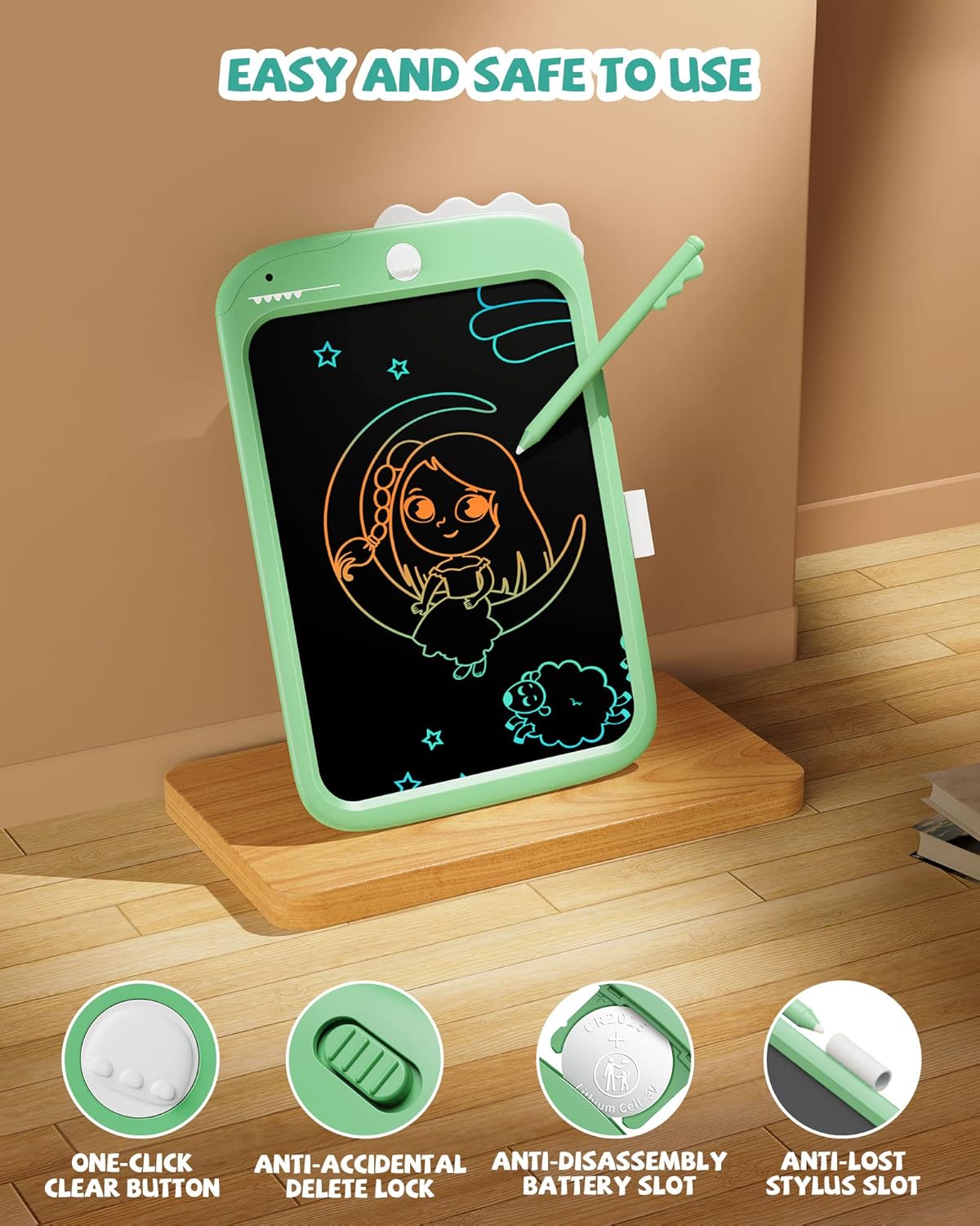 LCD Writing Tablet Dinosaur Toy for Kids,10 inch Doodle Board Drawing Pad Tablet with Lock Function, Erasable, Portable, Educational Learning Toy Gifts for 3 4 5 6 Years Old Boys Girls (Green)