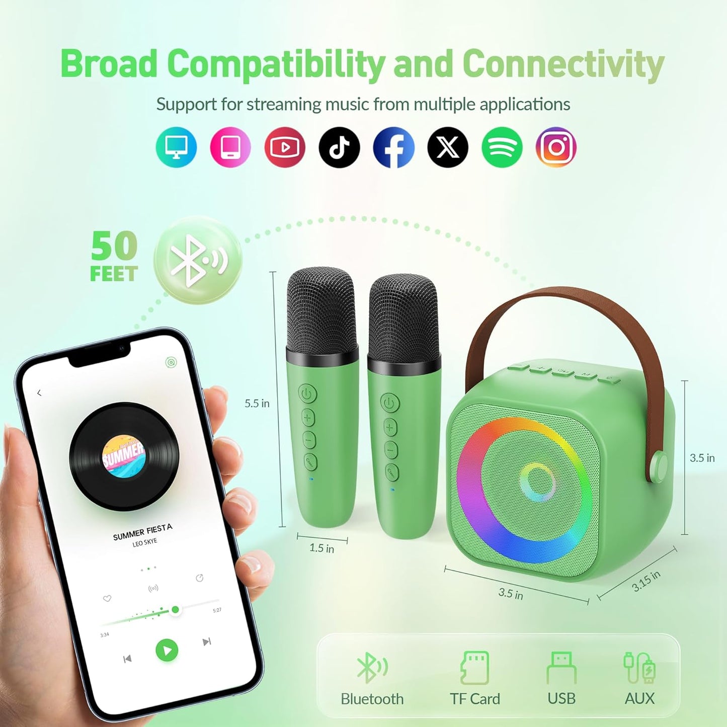 Mini Karaoke Machine：Portable Bluetooth Karaoke Microphone, Singing Speaker with 2 Wireless Mic and Light Kids Adults, Christmas Birthday Gifts for Girls Boys Family Home Party(Green)