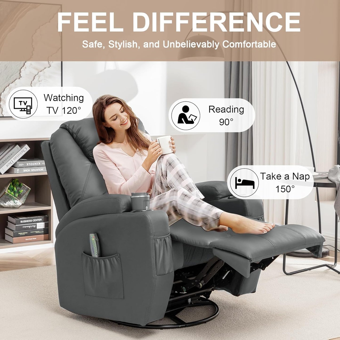 Recliner Chair, Rocking Chair with Massage and Heat, 360° Swivel Recliner Chairs for Adults, Rocker Manual Recliner with Remote Control and Cup Holder for Living Room, Bedroom, Nursery