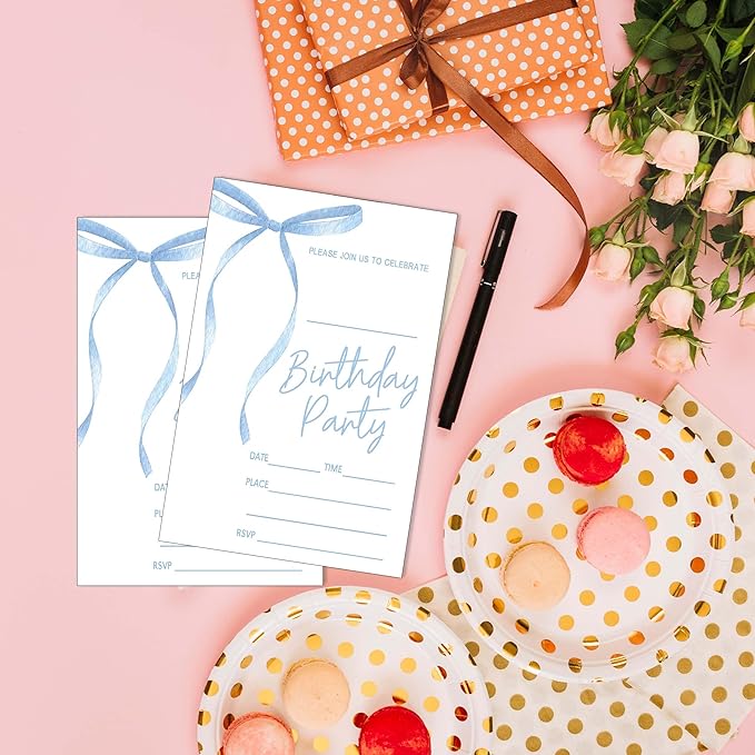 SIXEIGHT Blue Bow Birthday Invitations Blue Ribbon Bow Birthday Party Invitations 20 Party Invitations with Envelopes for Girls Boys Birthday Party Favor & Decoration (4"x6")-A07