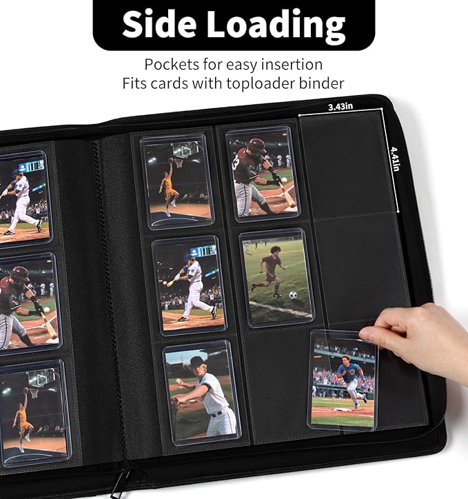 9-Pocket Toploader Binder, Baseball Football Sports Game Cards for 3"x4" Rigid Toploaders Trading Card Collection Album Holds 288 Cards Waterproof Storage Book Easy to Insert (Black)
