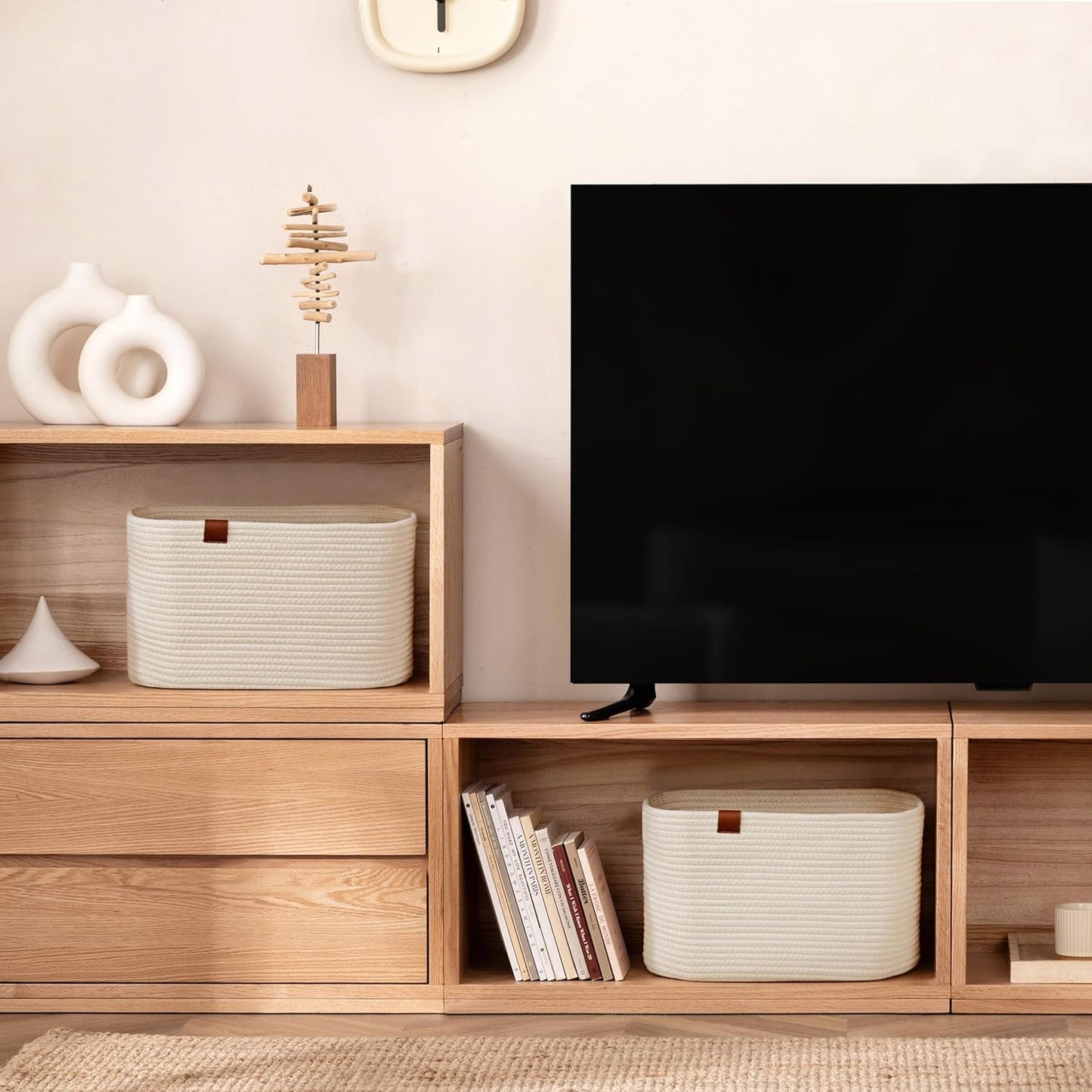 UBBCARE 2 Pack Baskets for Organizing, Woven Storage Baskets with Label for Toys and Towel, Rectangle Cotton Rope Basket with Handles, 15''L x10''W x9''H, Off-White