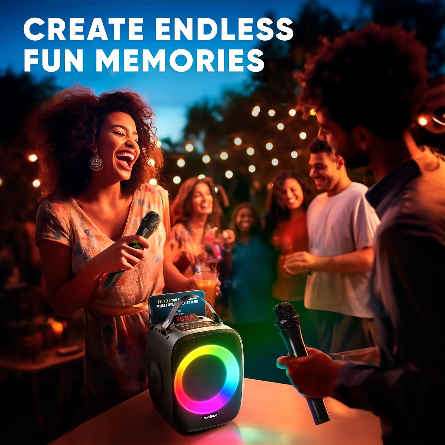 MASINGO Karaoke Machine for Kids and Adults with 2 Wireless Bluetooth Microphones, Portable 3D Sound Speaker with Colorful LED Lights, Supports TF Card/USB, AUX in, FM, TWS for Home Party, Cantando C2
