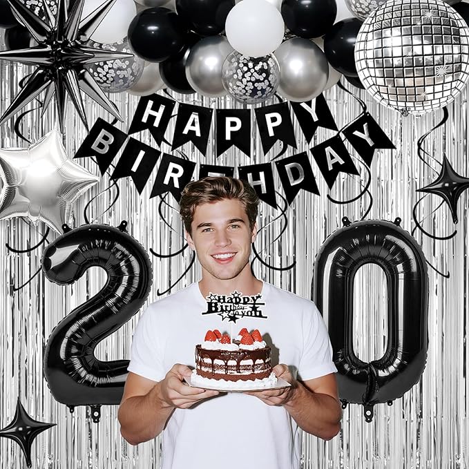 20th Birthday Decorations for Men Women, Black Silver Happy Birthday Party Decorations， 20 Year Old Party Supplies with Number 20 Balloons, Banner, Fringe Curtains Kit