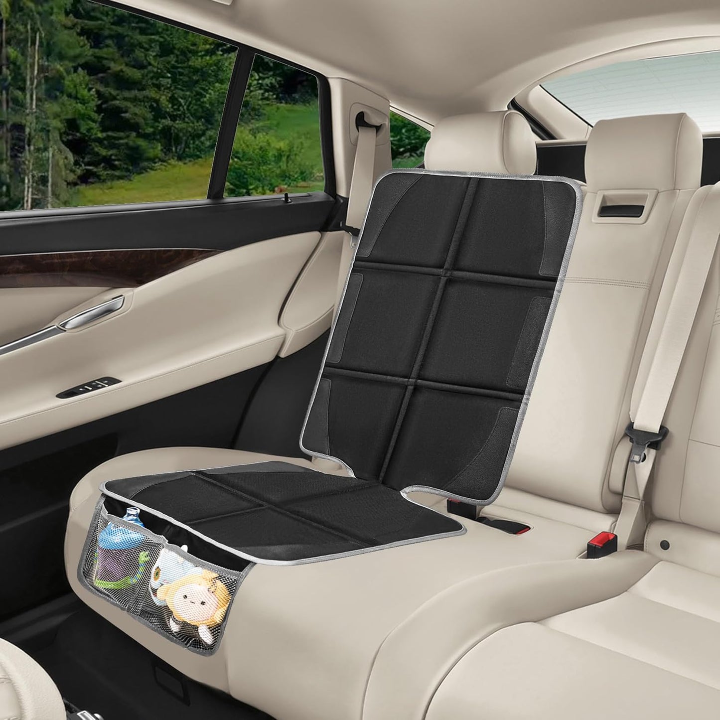 Car Seat Protector 2 Pack Baby Car Seat Covers with Mesh Pockets & Non-Slip Backing 600D Durable Seat Protector Under Baby Car Seat (Black & Gray, Large)