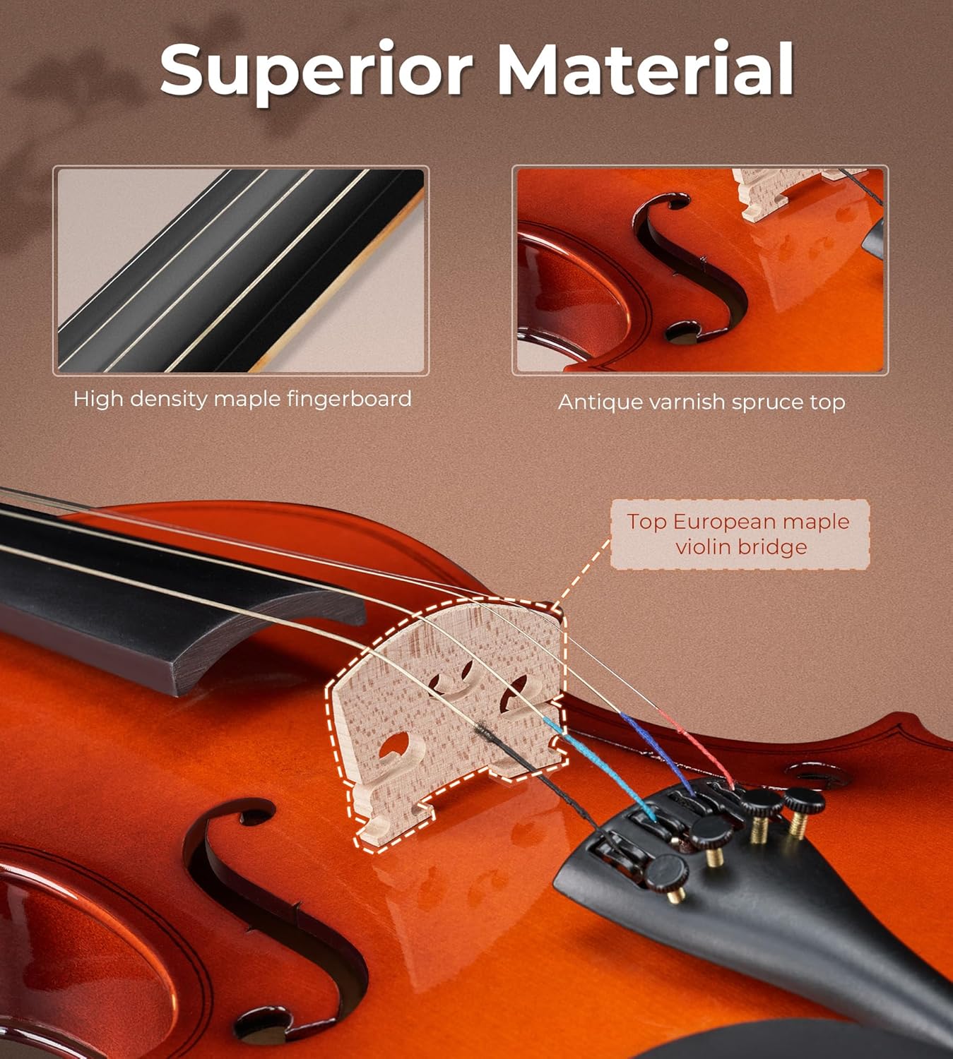 Vangoa 3/4 Violin Beginner Set, Fiddle Acoustic Violins Kit for Adults Kids, Starter Violin Bundle with Hard Case, Tuner, Rosin, Shoulder Rest, Bow, Mute, Strings, Notes Sticker