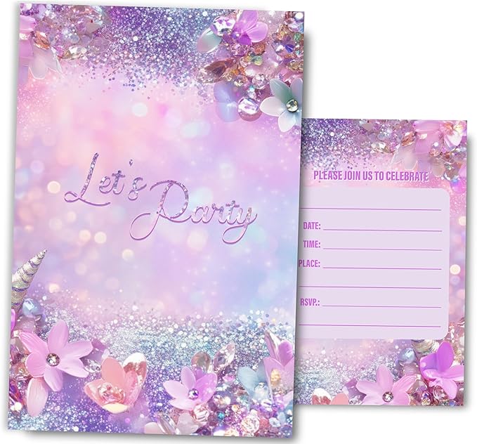 Pink Birthday Invitations for Girls, Modern Sparkle Birthday Party Invitaions for Party Invites, 4x6 Inches, 30 Sets with Envelopes