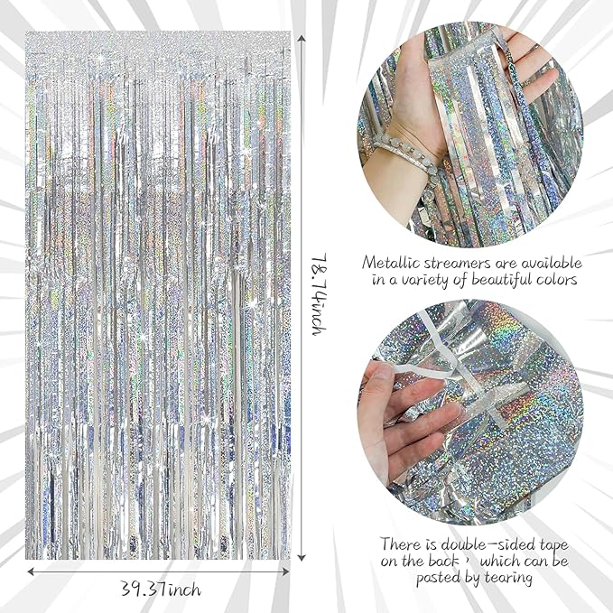 Tinsel Curtain Party Backdrop Silver Birthday Decorations 5 Packs Glitter Foil Fringe Curtain Party Decor Streamers Photo Booth for Birthday Christmas Wedding Halloween Graduation Decorations