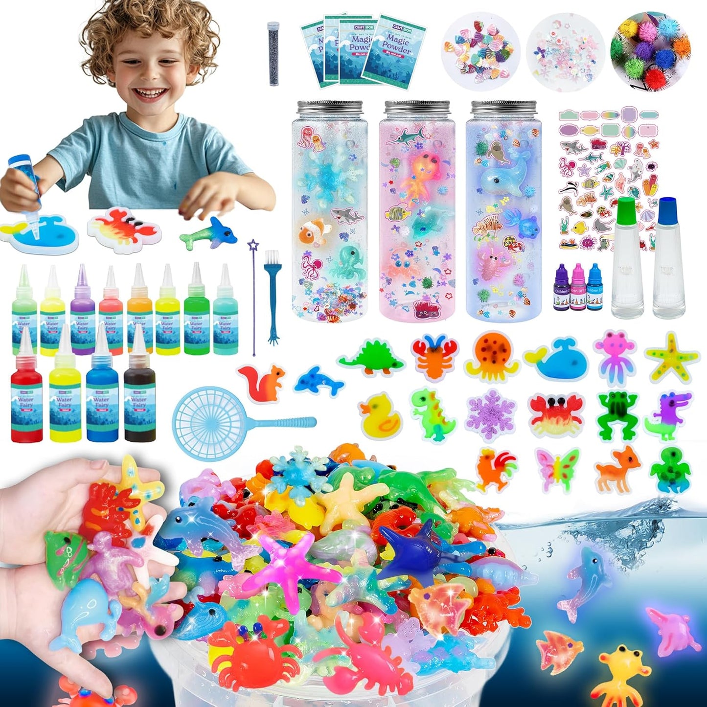 Make 3 Sensory Bottle, Glow-in-The-Dark Magic Gel Water Fairy Toy, DIY 100+ Aqua Water Squishy kit with 18 Shape Molds, 100ml Gels, 5L Bucket, Shell, Glitter, Pom-Poms, Arts Crafts for Kids