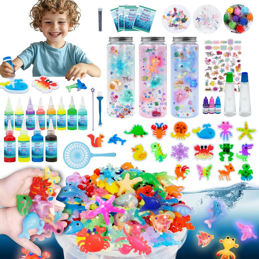 Make 3 Sensory Bottle, Glow-in-The-Dark Magic Gel Water Fairy Toy, DIY 100+ Aqua Water Squishy kit with 18 Shape Molds, 100ml Gels, 5L Bucket, Shell, Glitter, Pom-Poms, Arts Crafts for Kids