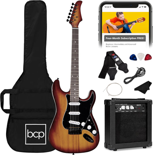 Best Choice Products 39in Full Size Beginner Electric Guitar Starter Kit w/Case, Strap, 10W Amp, Strings, Pick, Tremolo Bar - Bourbon