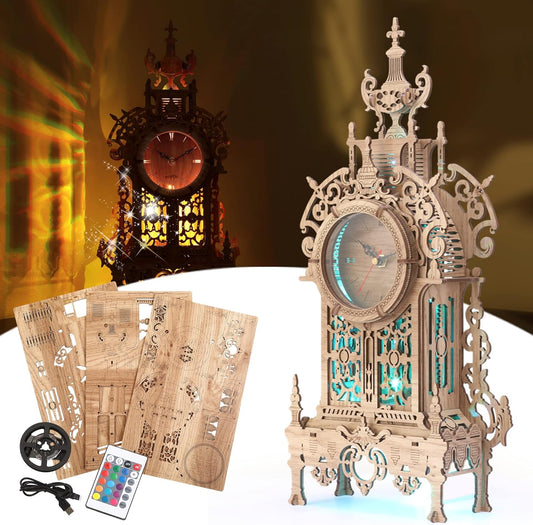 3D Wood Puzzle LED Tower Clock, 3D Puzzle Building Desktop Clock Model DIY Architectural Building Blocks (LED-TC01 Wood)