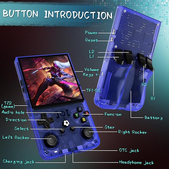 R36MAX Handheld Game Console, 40000+ Games Retro Gaming Console, 256GB TF Card Mini Retro Video Console, 4000mAh Rechargeable 4.0" IPS HD Screen Portable Pocket Arcade (Transparent Blue)