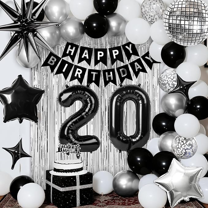 20th Birthday Decorations for Men Women, Black Silver Happy Birthday Party Decorations， 20 Year Old Party Supplies with Number 20 Balloons, Banner, Fringe Curtains Kit