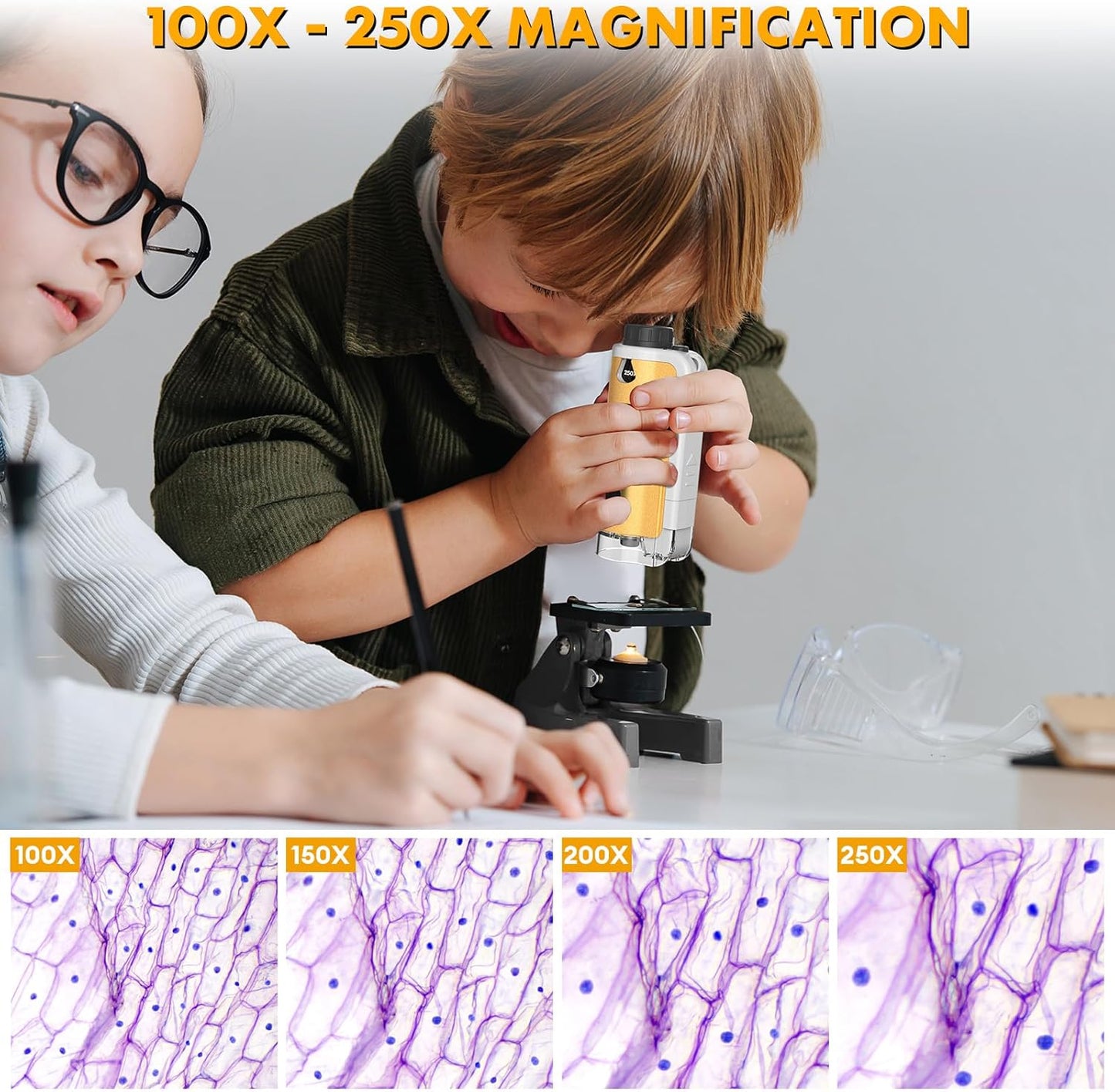 Portable Microscope for Kids, 100x-250x Zoom with LED Lights, Alloy Pocket Microscope for Boys & Girls, Educational Science Kit (Gold)