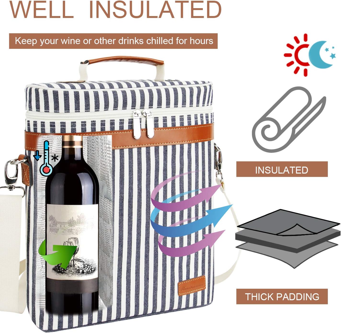 ZORMY 3 Bottle Insulated Wine Tote Cooler Bag, Portable Wine Carrier with Corkscrew Opener and Shoulder Strap for Beach Travel Picnic, Unique Wine Carrier for Wine Lover Gifts
