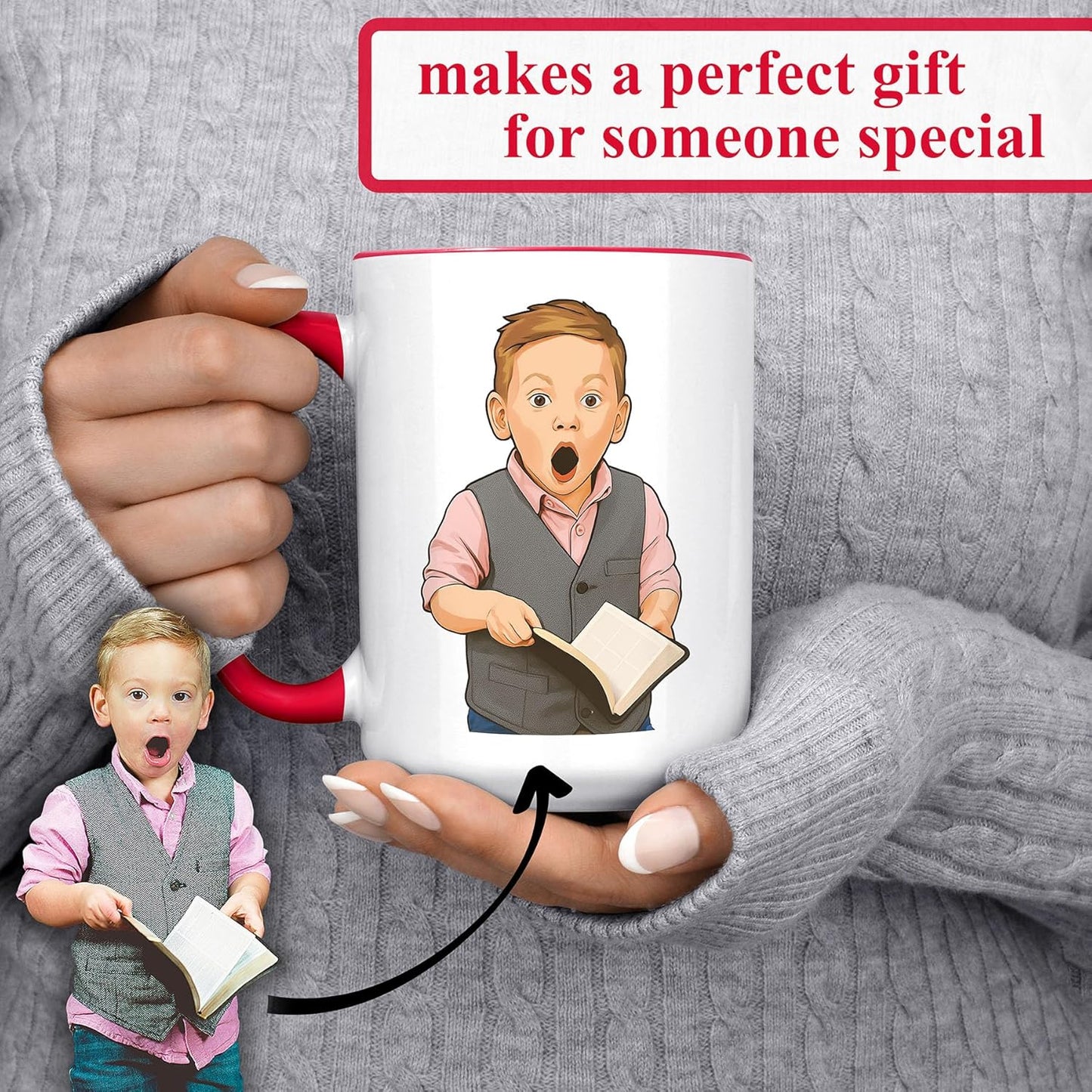 Personalized Coffee Mug, Custom Drawing Portrait Gift, Funny Customized Coffee Gift for Men & Women, Custom Mugs with Pictures, Red 15oz Customized Ceramic Tea Cup